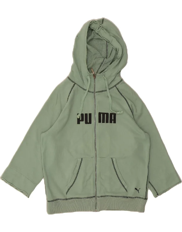 PUMA Womens 3/4 Sleeve Graphic Zip Hoodie Sweater UK 14 Large Green Cotton