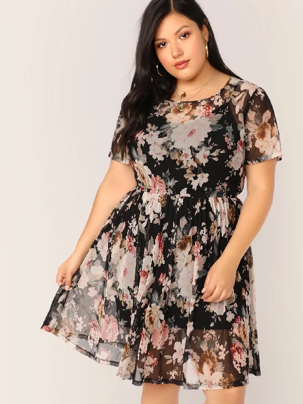  Plus Floral Print Semi Sheer Dress Without Cami