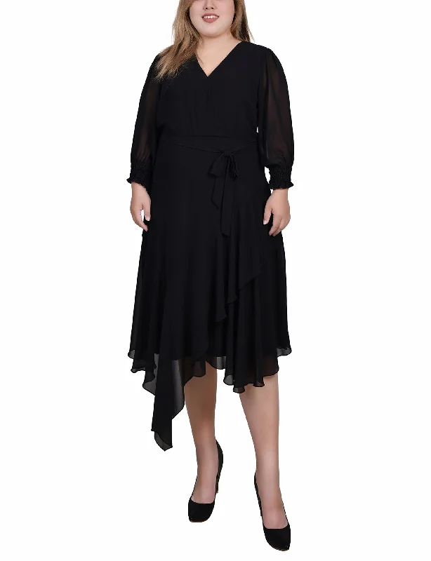 Plus Size 3/4 Sleeve Belted Chiffon Hankerchief Hem Dress