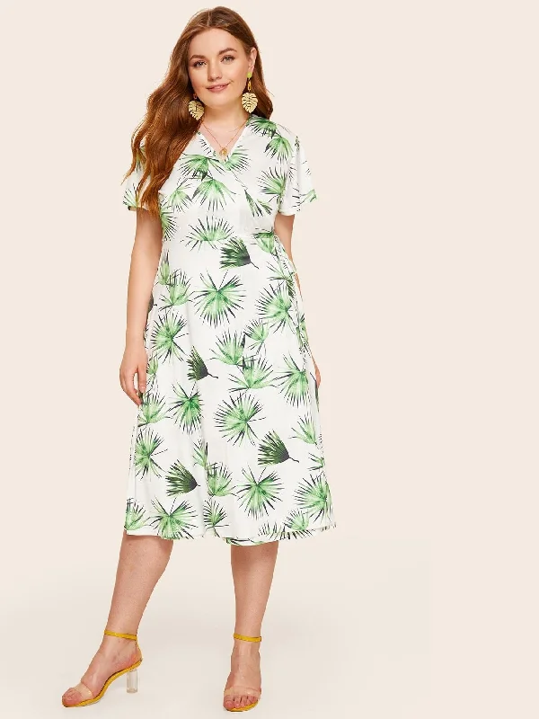 Plus Tropical Print Wrap Tie Side Dress