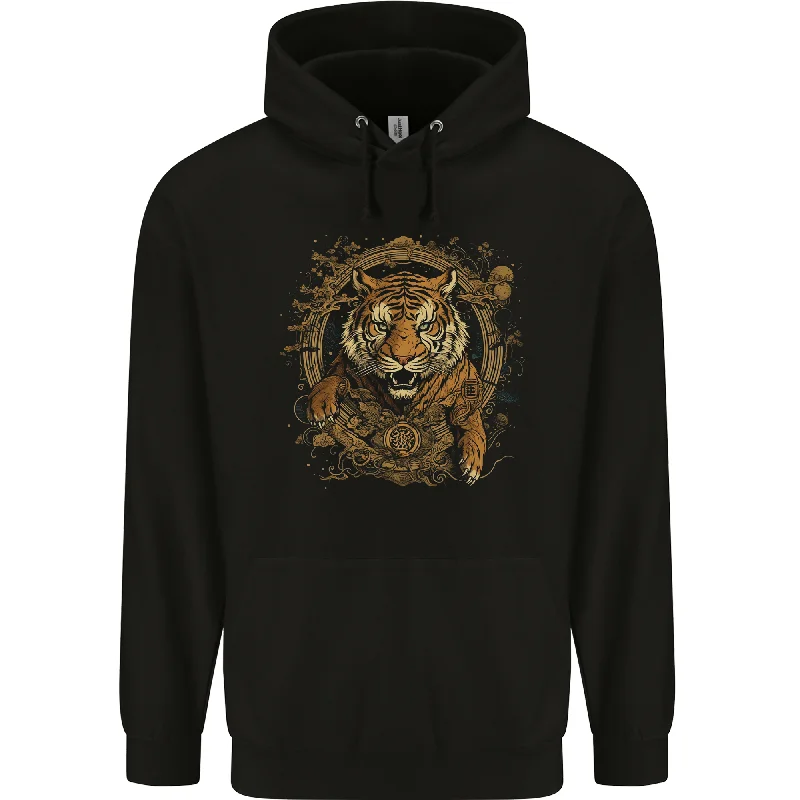 A Ferocious Tiger With a Japanese Background Mens 80% Cotton Hoodie