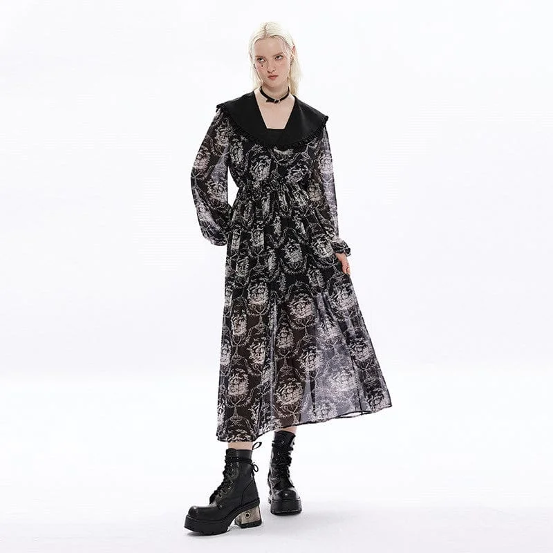 Women's Gothic Cat Printed Maxi Chiffon Dress