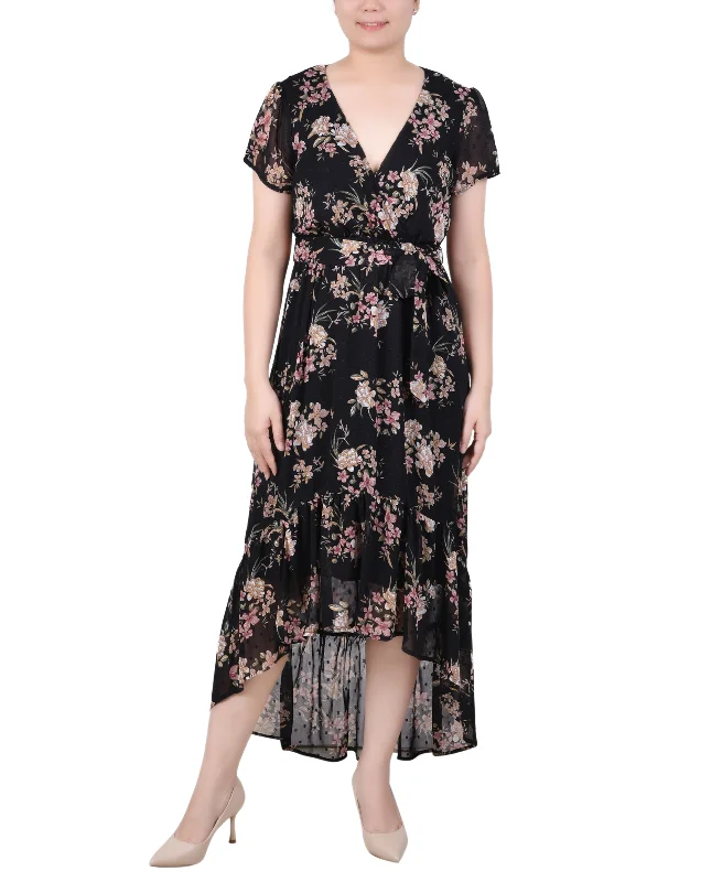 Short Sleeve Hankerchief Hem Chiffon Dress