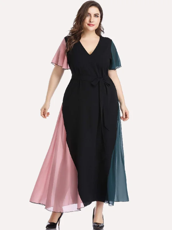 Plus Cut And Sew Panel V-neck Belted Maxi Dress