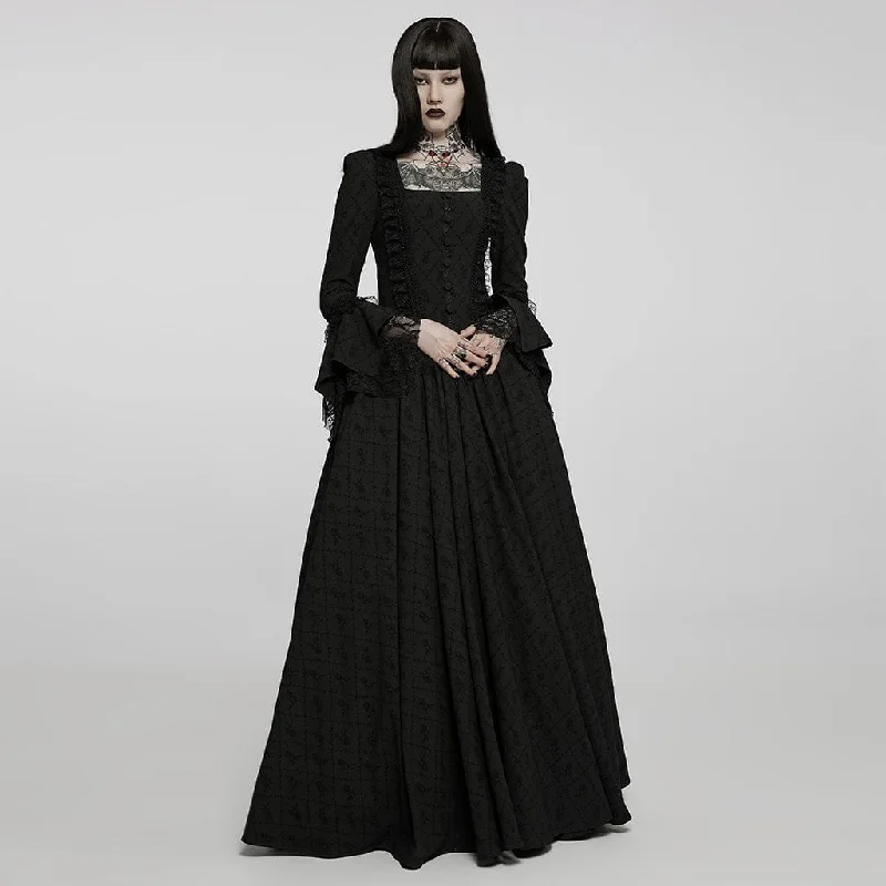 Women's Gothic Square Collar Flare Sleeved Lace Maxi Dress Wedding Dress