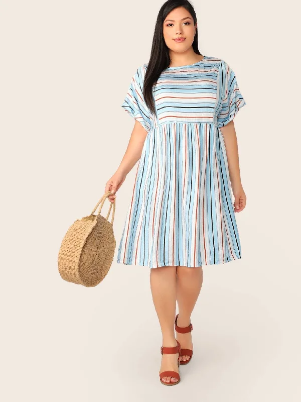  Plus Keyhole Back Roll Tab Sleeve Striped Dress