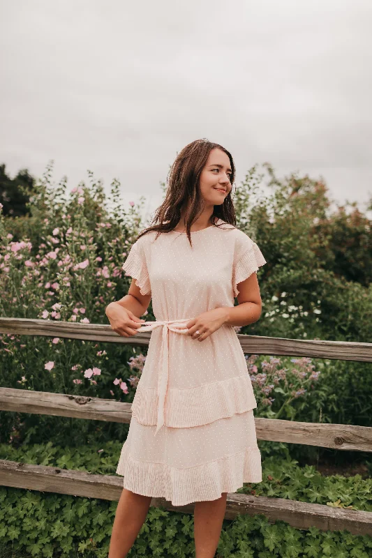 Quinn Pleated Dot Dress in Peach