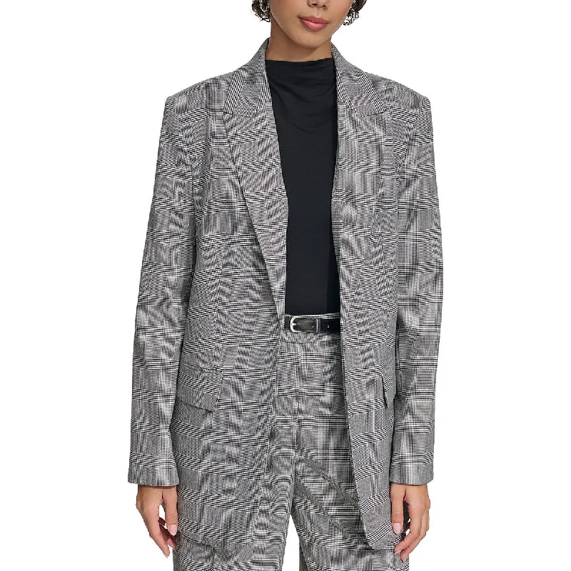 Womens Plaid Shoulder Pads Open-Front Blazer