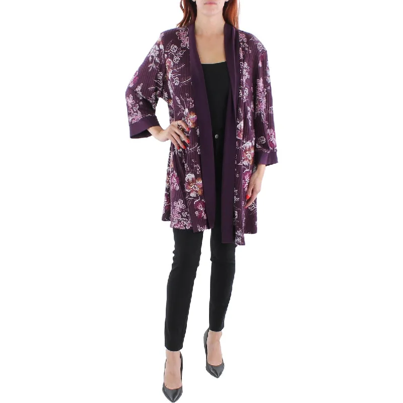 Plus Womens Knit Floral Duster Blazer