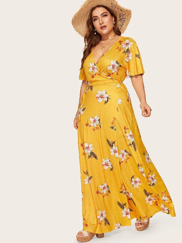 Plus Floral Print Wrap Tie Side Maxi Dress