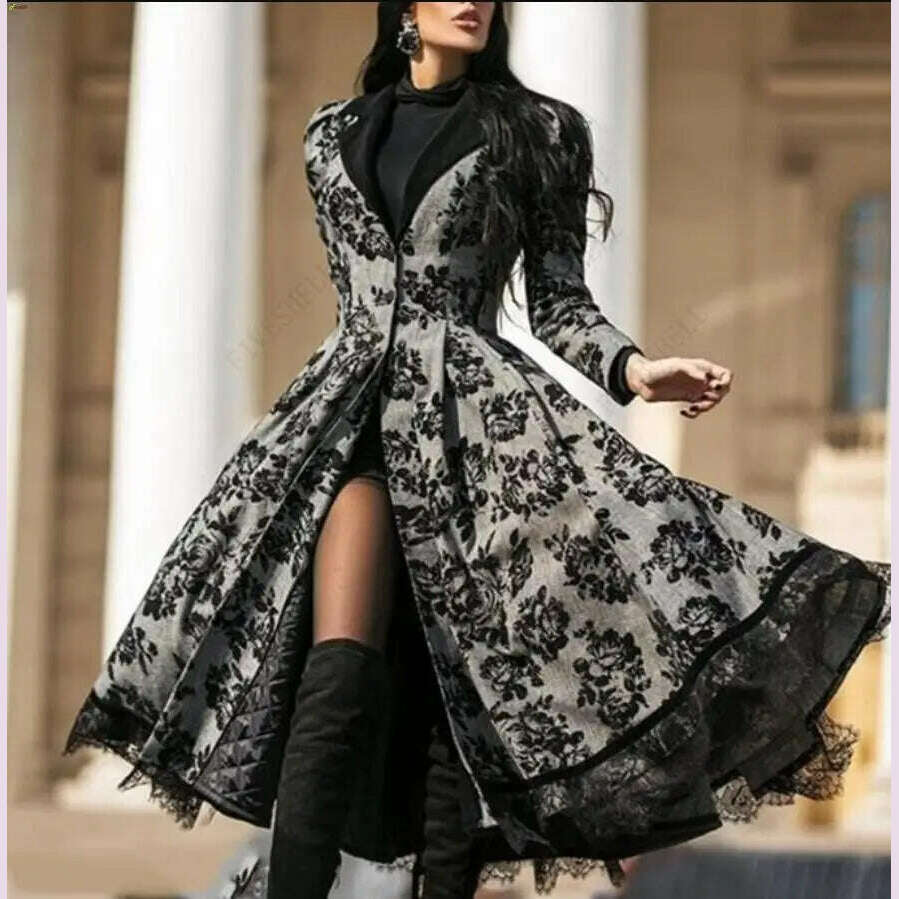 Women's Dress Autumn Winter Lady Coat Long Sleeve Medieval Lace Stitching A-line Elegant Long Black Grey Cosplay Fancy Dresses