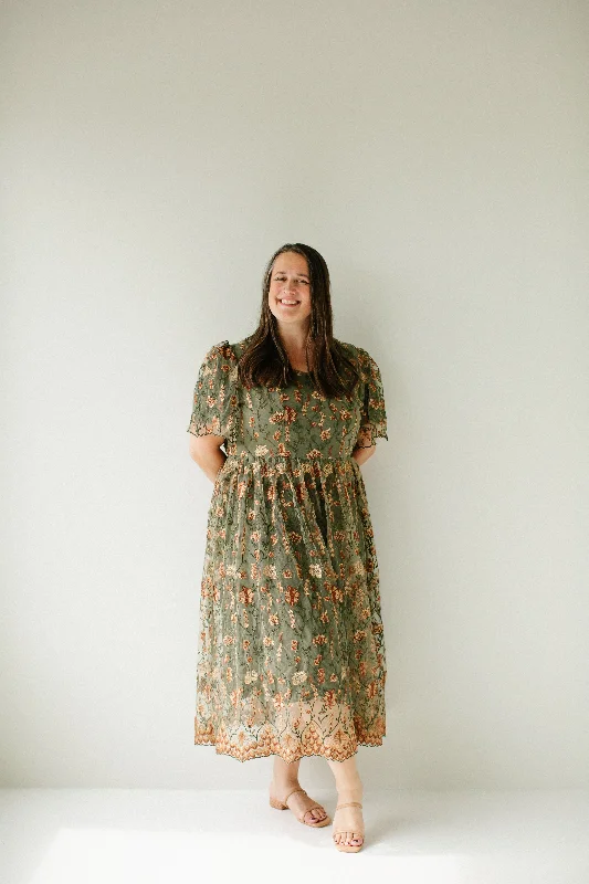 Plus 'Jeanette' Square Neck Embroidered Floral Midi Dress in Olive FINAL SALE