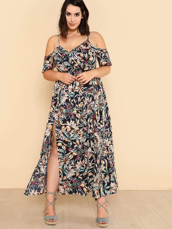 Plus Open Shoulder Tropical Wrap Dress