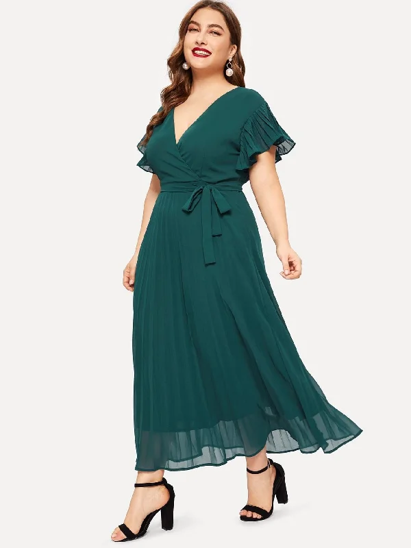 Plus Pleated V-neck Belted Dress