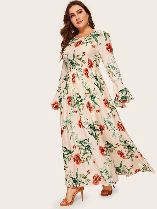 Plus Keyhole Back Flounce Sleeve Floral Dress