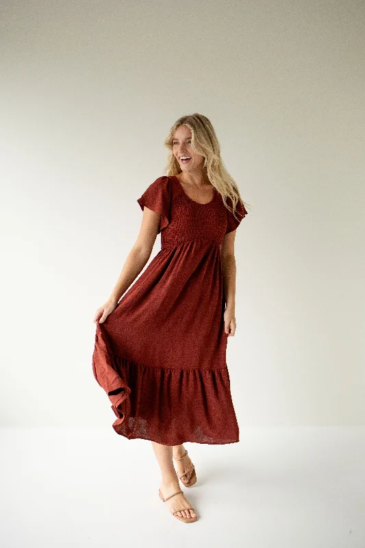 'Quincy' Smocked Bodice Flutter Sleeve Dress in Deep Rust FINAL SALE