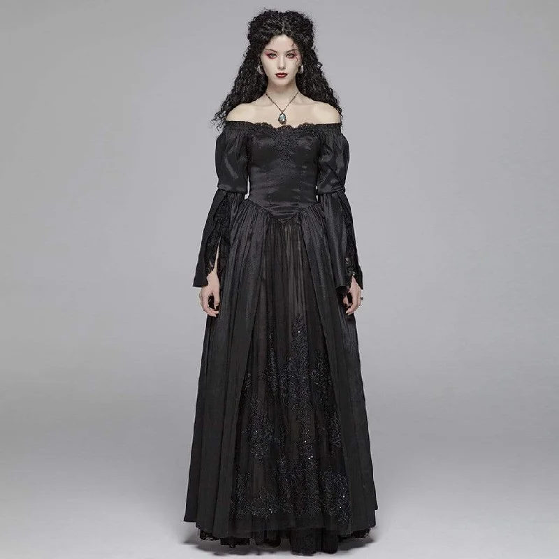 Women's Goth Off Shoulder Floral Lace Maxi Gown Wedding Dress