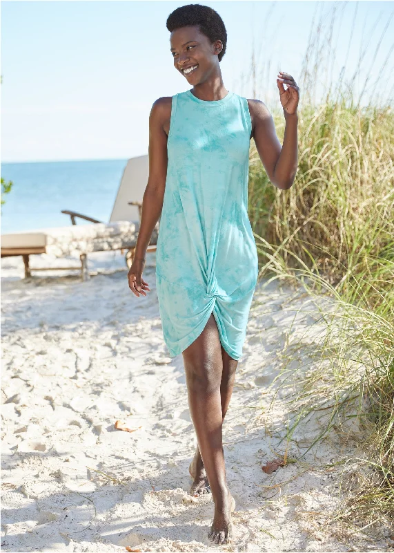 Twist Front Cover-Up Dress - Aqua Reef & Pearl White