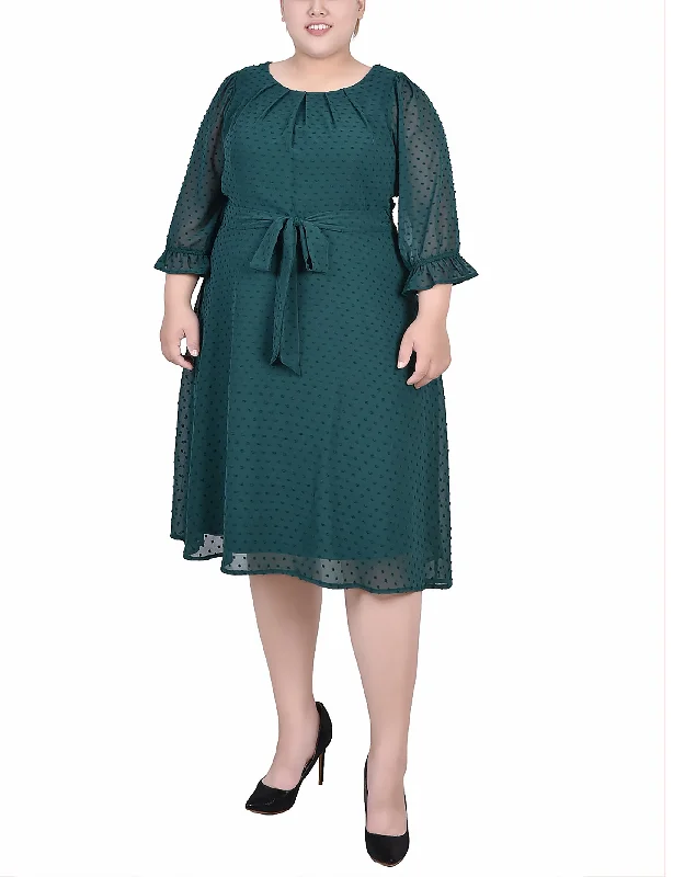 Plus Size 3/4 Sleeve Belted Swiss Dot Dress