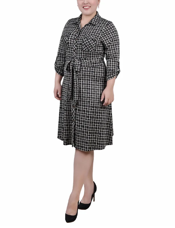 Plus Size 3/4 Slv Roll Tab Shirtdress