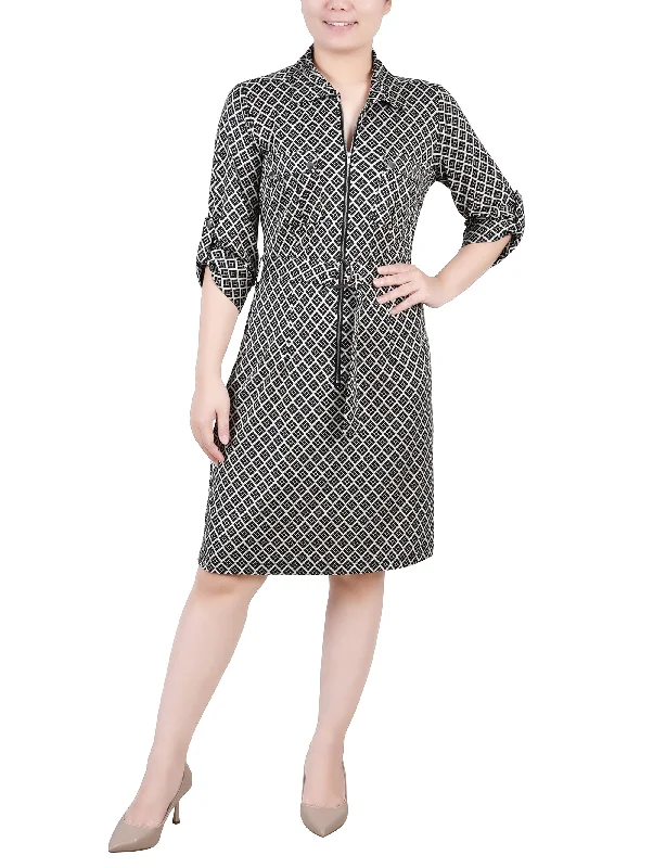 Petite Belted Roll Tab Zip Front Shirtdress