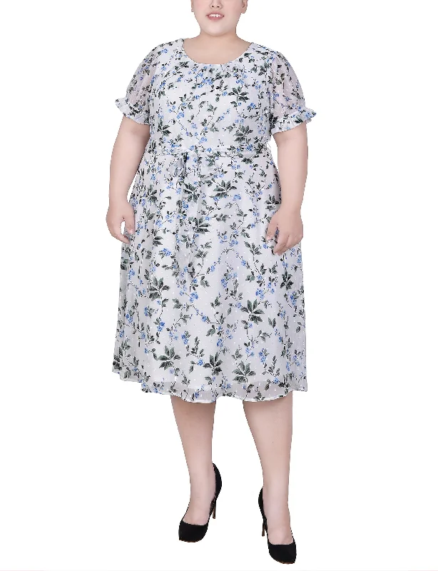 Plus Size Short Sleeve Belted Swiss Dot Dress