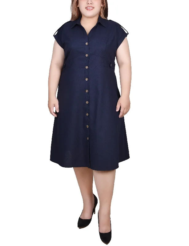 Plus Size Short Sleeve Button Front Linen Dress