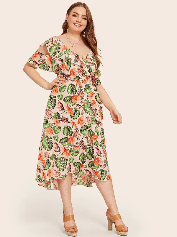 Plus Floral And Tropical Print Ruffle Trim Asymmetrical Neck Dress