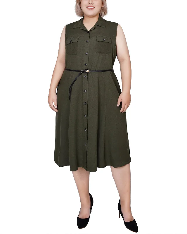 Plus Size Sleeveless Belted A-Line Dress