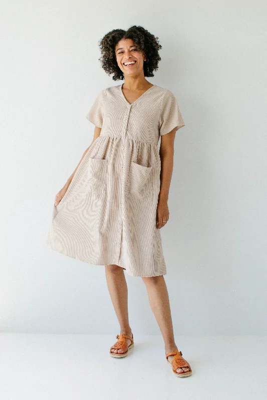 'Adana' V-Neck Button Down Corduroy Midi Dress in Beige FINAL SALE