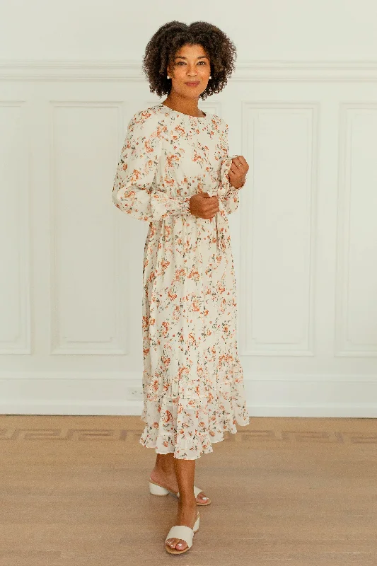 'Phyllis' Rust Floral Ruffle Hem Chiffon Dress in Cream FINAL SALE