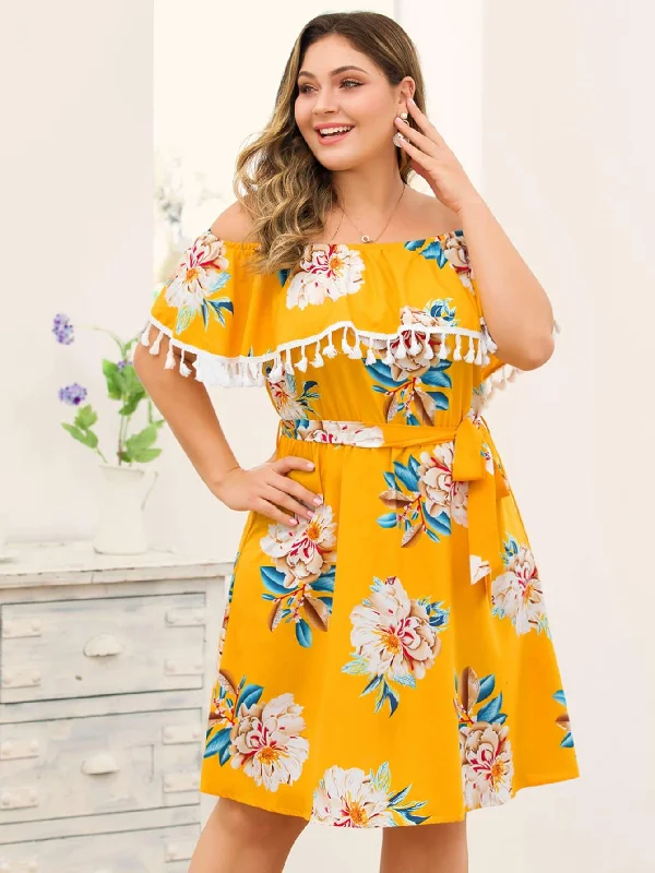 Plus Floral Print Tassel Trim Belted Bardot Dress