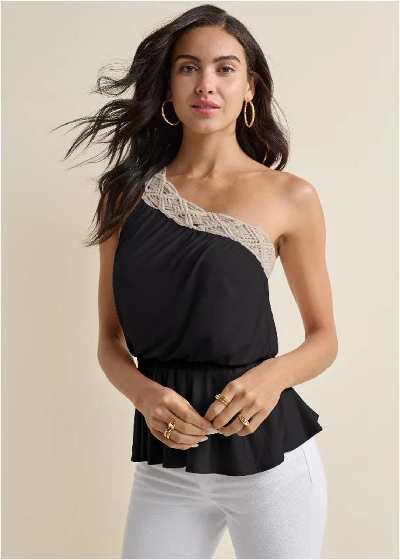 One-Shoulder Macramé Top - Black Multi