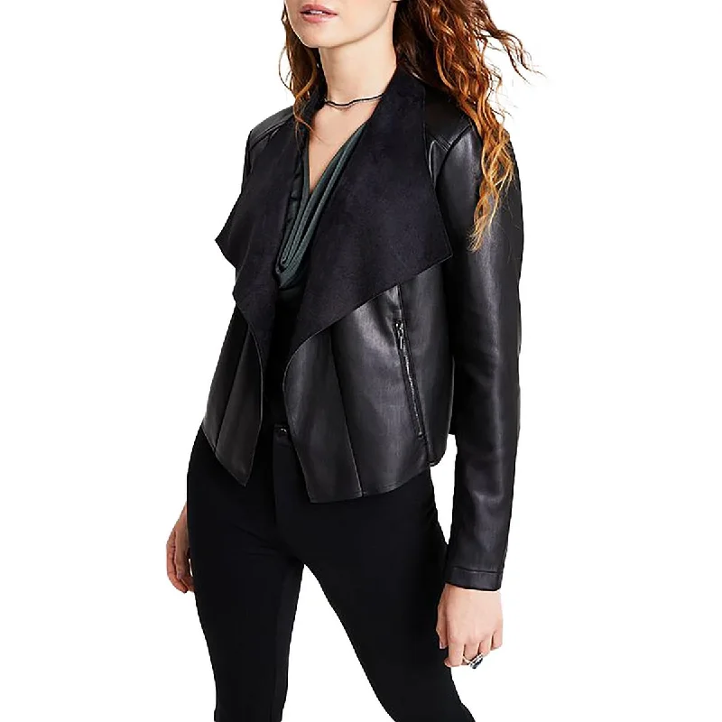 Petites Womens Collared Long Sleeve Leather Jacket