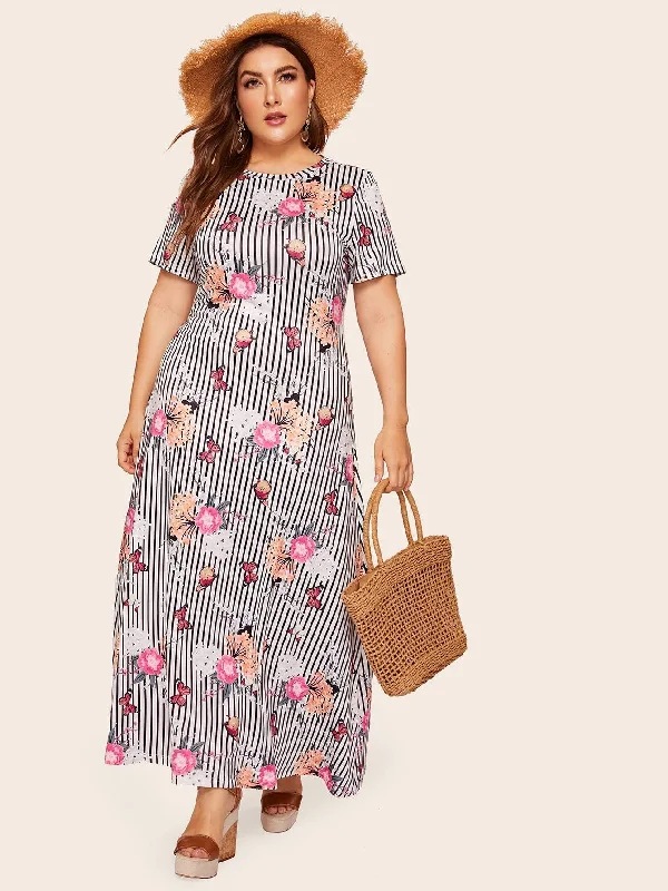 Plus Striped & Floral Print Maxi Dress