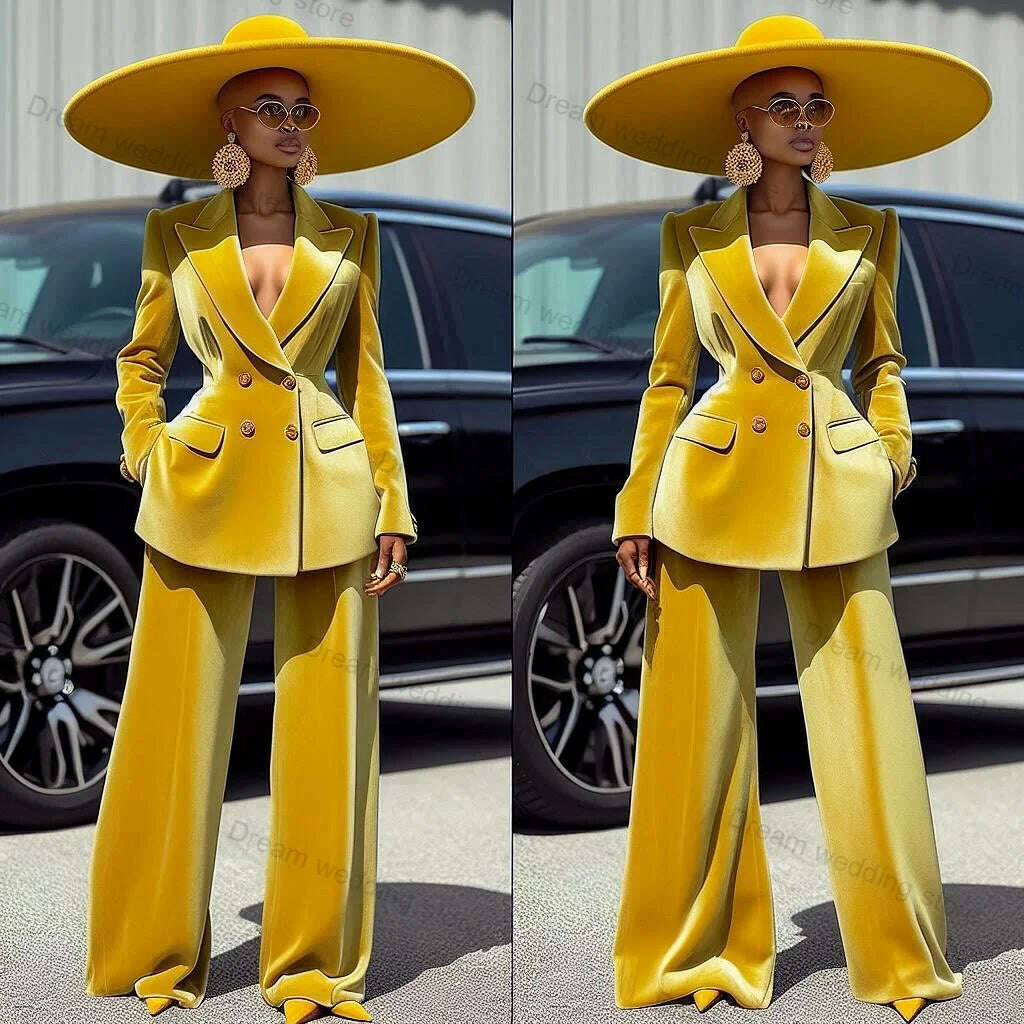 Velvet Yellow Women Suits Pants Set 2 Piece Blazer+Trousers Formal Prom Dress Wedding Tuxedo Customized Office Jacket Coat