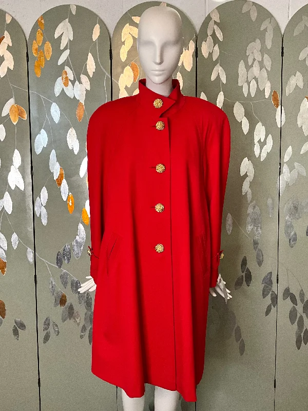 Vintage 1980s Red Wool Swing Coat with Gold Buttons, Large