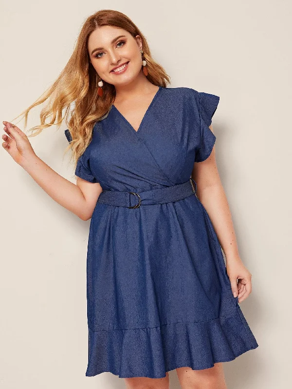 Plus Belted Ruffle Hem Surplice Denim Dress