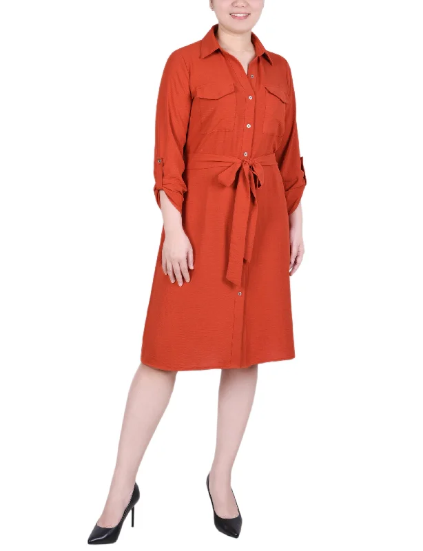 Petite Long Roll Tab Sleeve Shirtdress