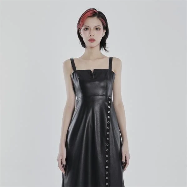 Women's Punk Eyelet Split Faux Leather Slip Dress