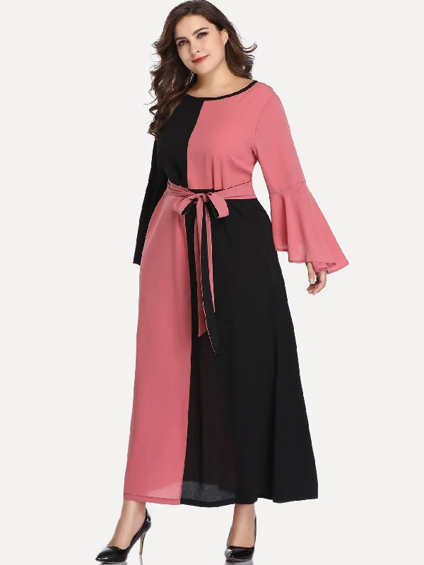 Plus Two Tone Flounce Sleeve Belted Dress