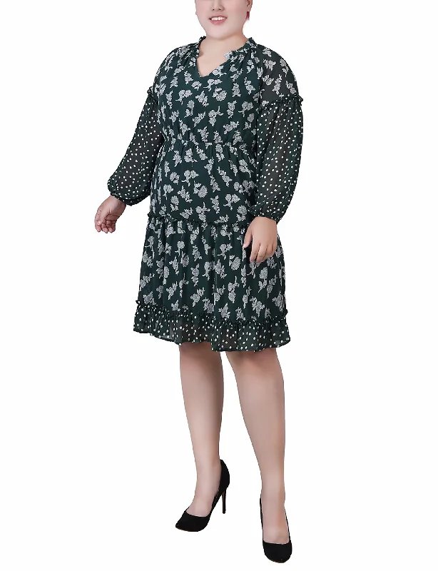 Plus Size Long Sleeve Combo Chiffon Dress