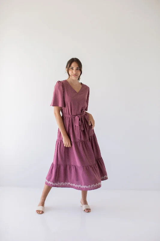 'Misti' Tiered Embroidered Detail Midi Dress in Dusty Plum FINAL SALE