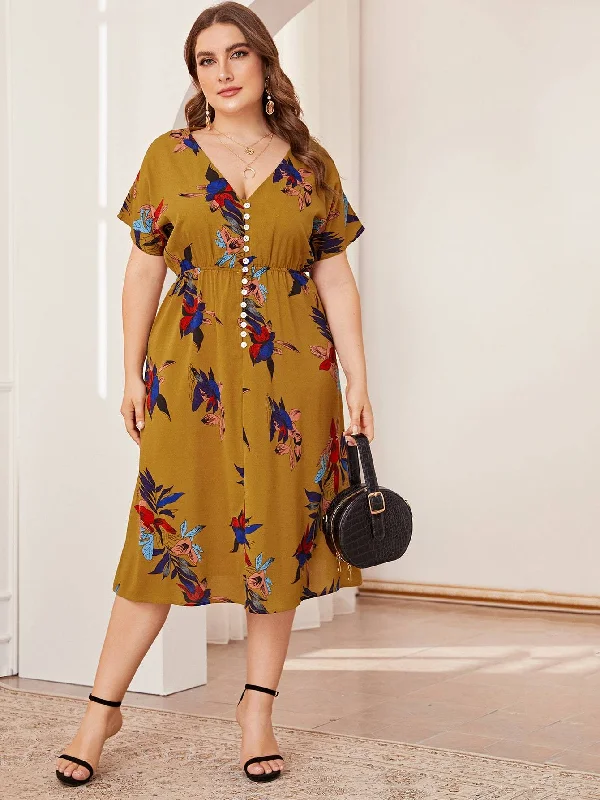 Plus Floral Print V-neck Button Dress