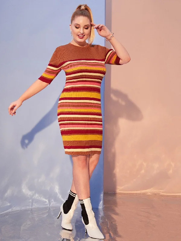 Plus Striped Fitted Sweater Dress