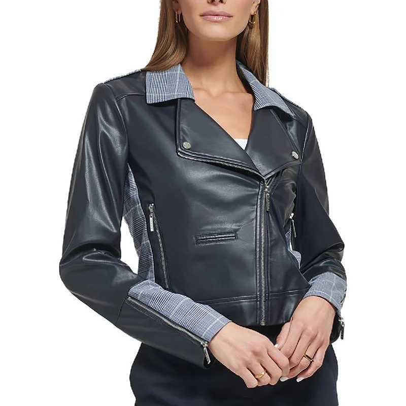 Womens Faux Leather Plaid Trim Leather Jacket