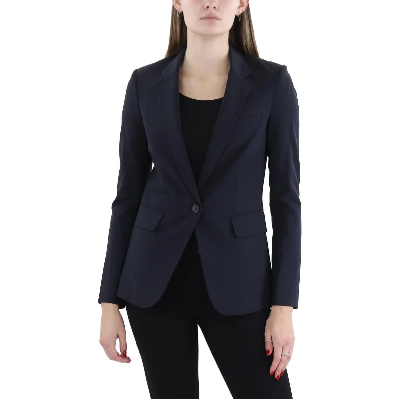 Womens Virgin Wool Blend Faux Pockets One-Button Blazer