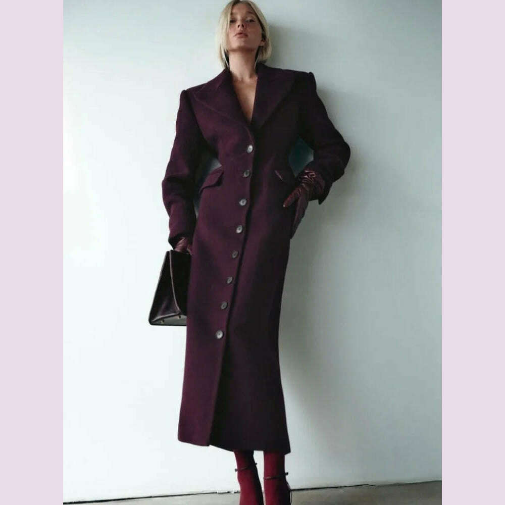 Fashion Burgundy Lapel High Waist Long Woolen Jacket Elegant Solid Color Full Sleeves Overcoat New Woman High Street Outerwear