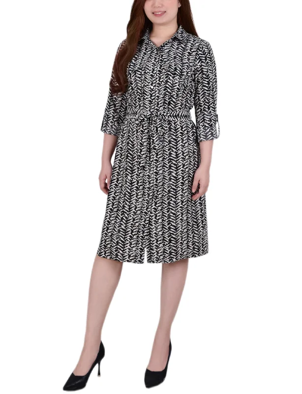 3/4 Roll Tab Sleeve Belted Shirtdress