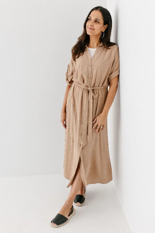 'Kienna' Button Down Collared Midi Dress in Taupe FINAL SALE